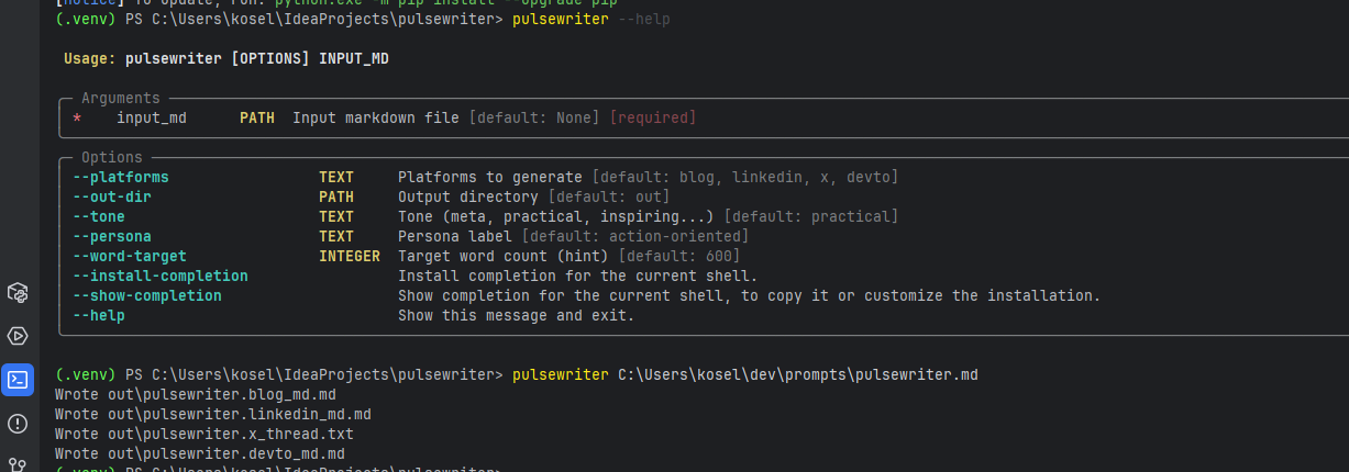 Terminal output showing PulseWriter run