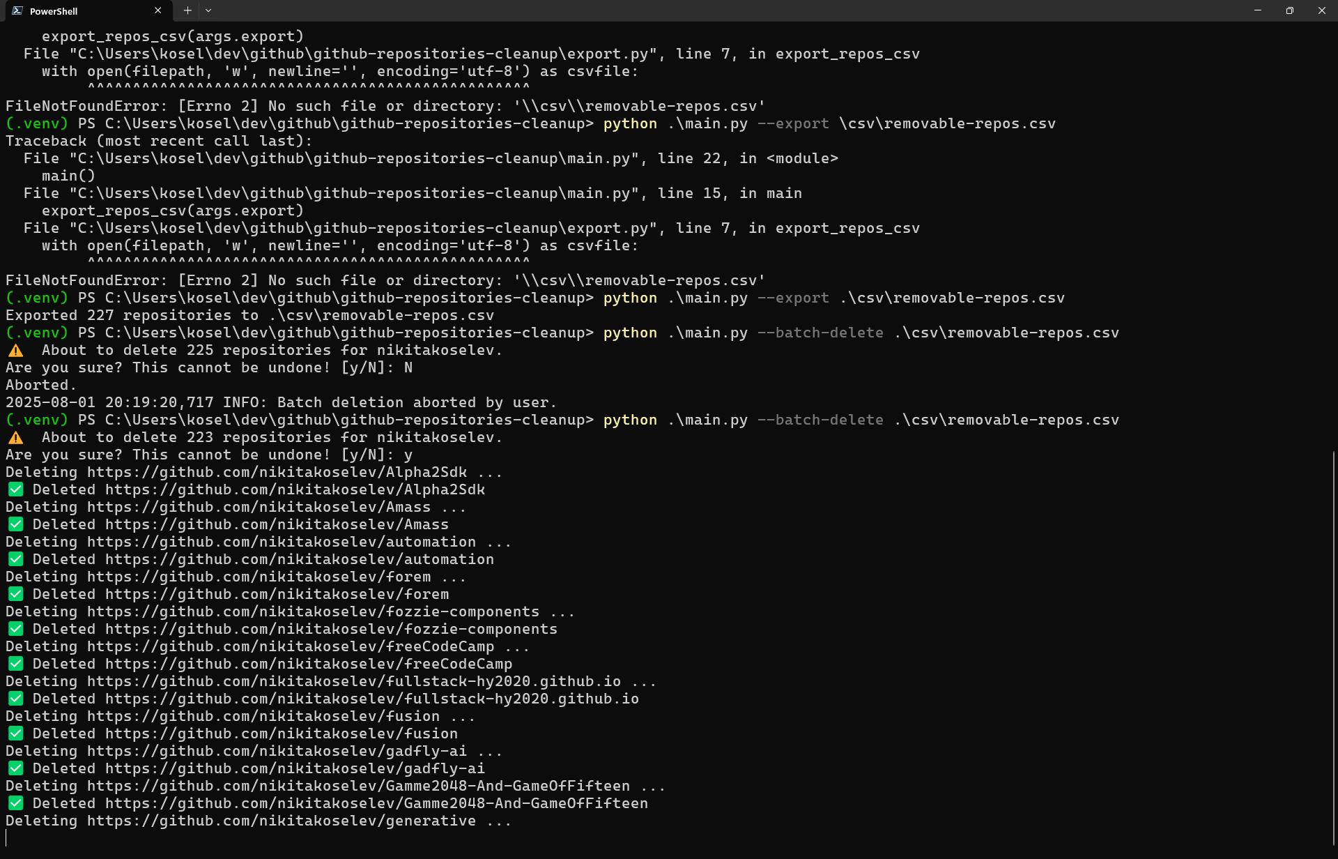 Early error during repo deletion